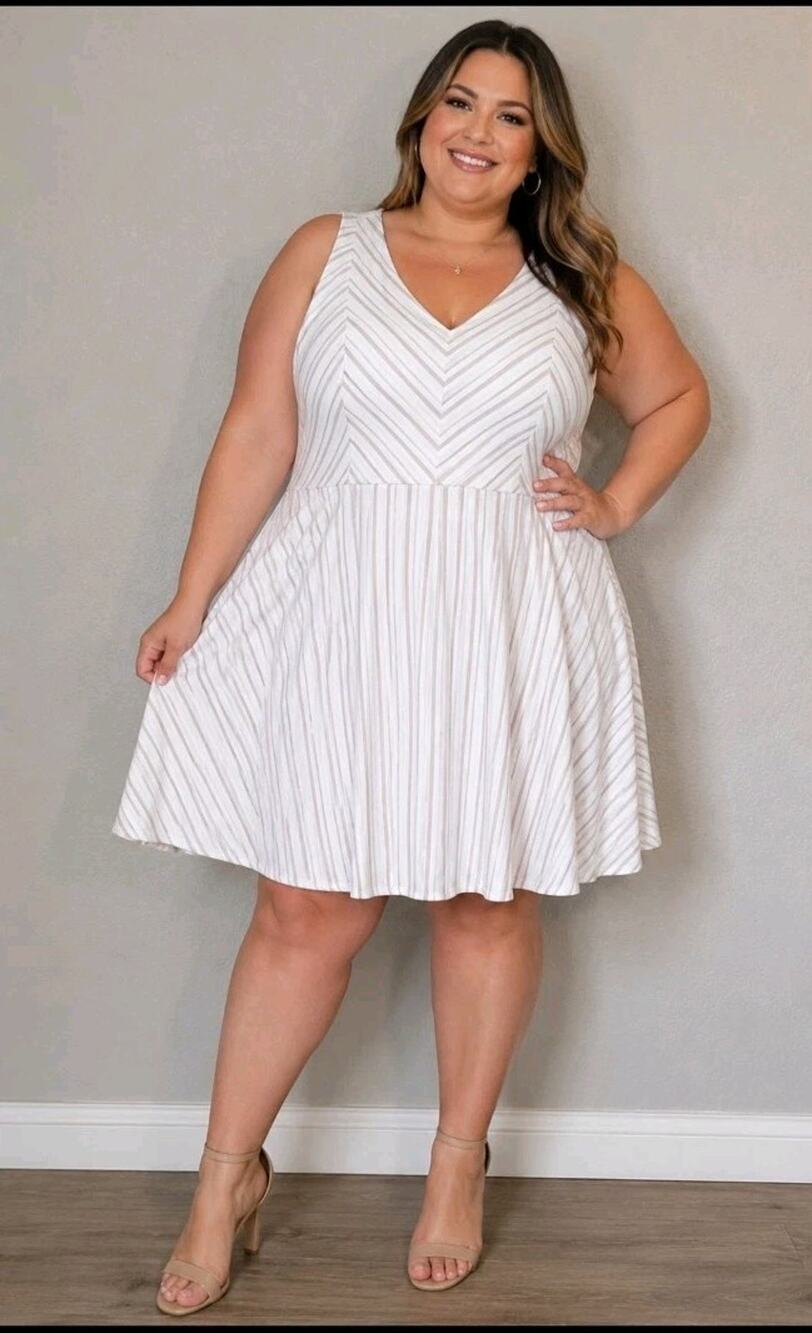 Chico's 4 Fit Flare Dress Ecru Chevron Stripe Short Dress 22-24 2XL Babydoll Ne